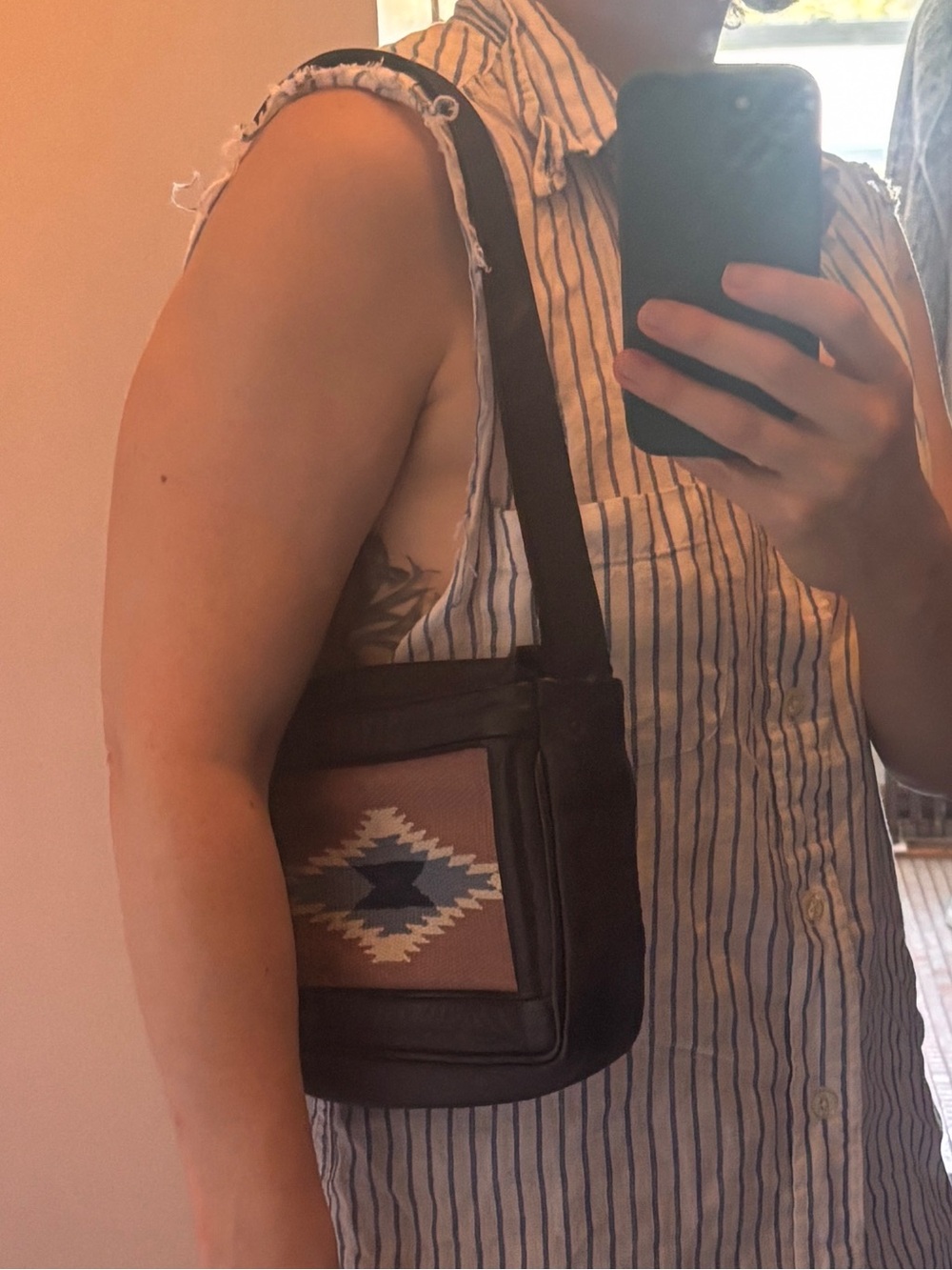Vintage Woven Accent Shoulder Bag in Black and Blue